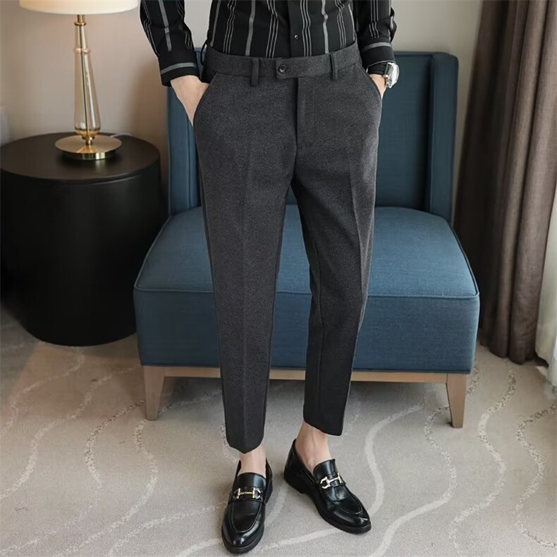 西裤男春秋商务正装九分休闲西装裤韩版潮流高级感毛呢长裤子KM91,男装西裤,星座1116A-2（原606A-1）
