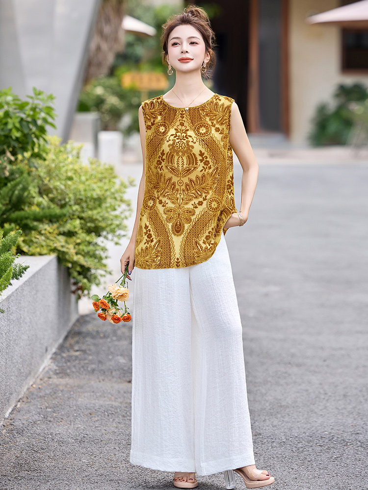 高级感丝绒提花无袖背心衬衫女2025夏新款设计感后背开叉衬衣上衣,女装套装/套裙,沁沁公主