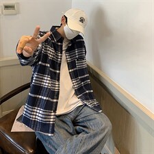 22春秋季新款厚格子衬衫男外套宽松休闲痞帅上衣DX155P55控78，男装衬衫，电商B413-1