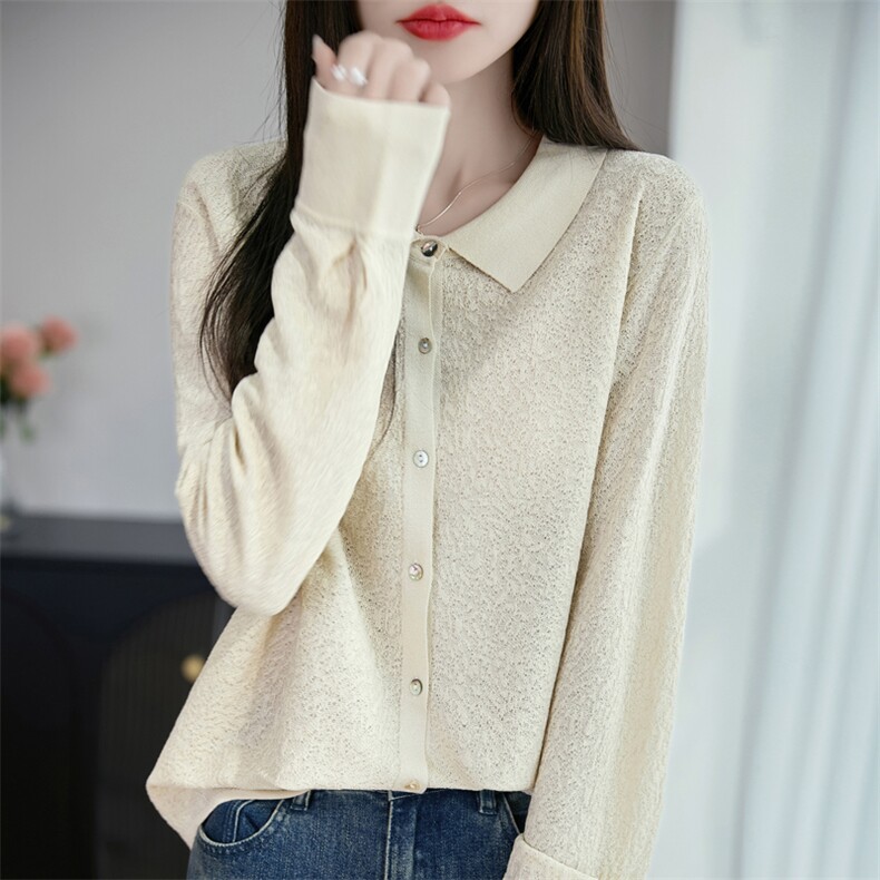 肌理感POLO领精纺羊毛开衫女春秋长袖针织衫毛衣休闲宽松外套上衣，女装衬衫，东远绒业