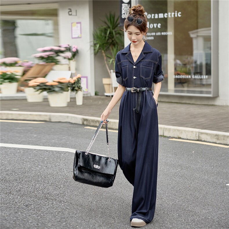 （新款现货）2026春装时尚西装领天丝牛仔阔腿连体裤（配腰带）,女装连体裤,印象茜