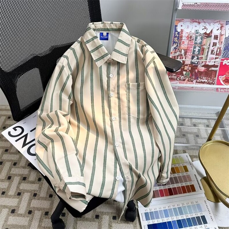 早秋男长袖衬衫竖条纹宽松休闲衬衣CS527P35,男装衬衫,星座1013-1