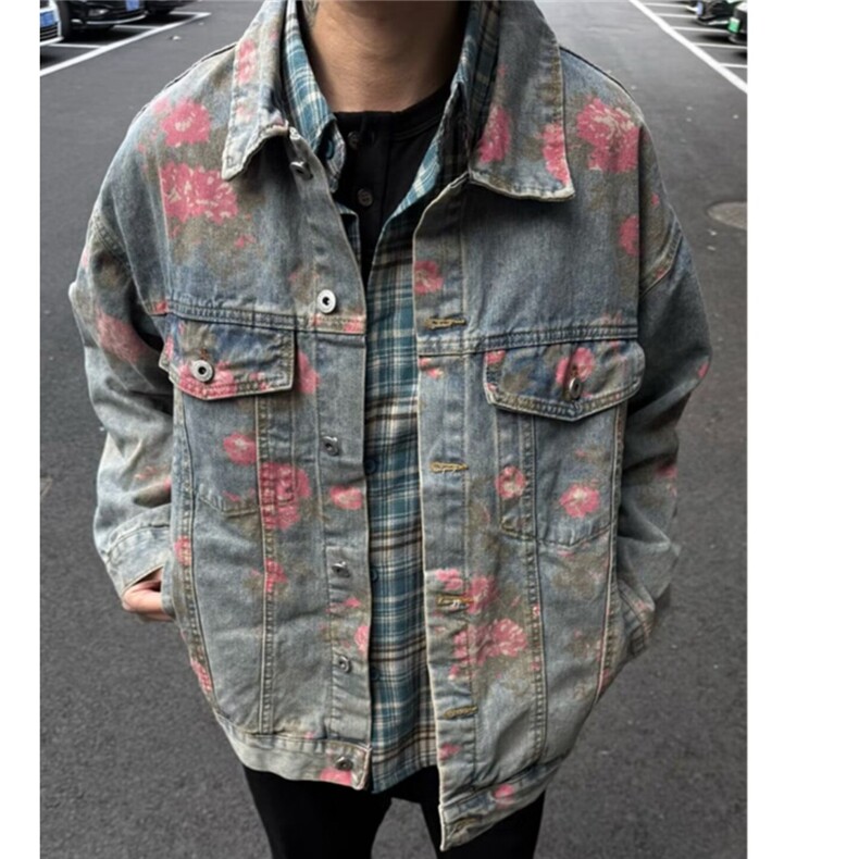 美式复古春秋字母印花涂鸦牛仔外套女设计感小众宽松长袖夹克上衣,男装工装外套,星座506A