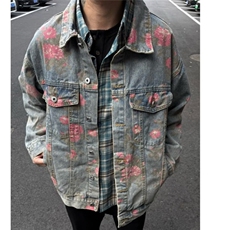 美式复古春秋字母印花涂鸦牛仔外套女设计感小众宽松长袖夹克上衣，男装工装外套，星座506A