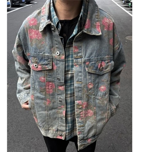 美式复古春秋字母印花涂鸦牛仔外套女设计感小众宽松长袖夹克上衣图片