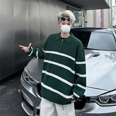 绿色条纹毛衣男美式半拉链设计针织衫早秋设计感上衣MZ718-P49，男装针织衫/毛衣，星座412-2