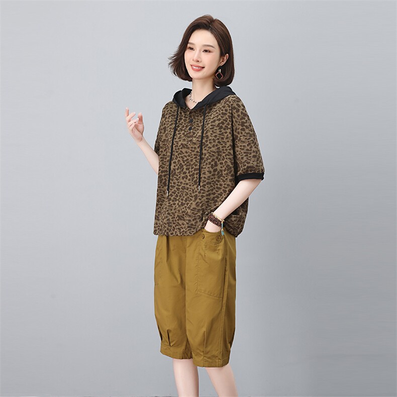 连帽卫衣套装女2025夏季新款时尚中老年妈妈半袖豹纹休闲裤两件套,女装套装/套裙,涵誉