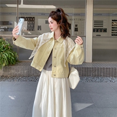 新品~奶黄色短外套配蕾丝披肩28631-P149-K248，女装短外套，2B076