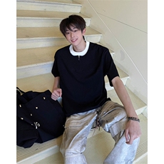 韩系慵懒高级感假两件极简拼接撞色短袖上衣T恤夏季短袖上衣P42，男装T恤，电商B319