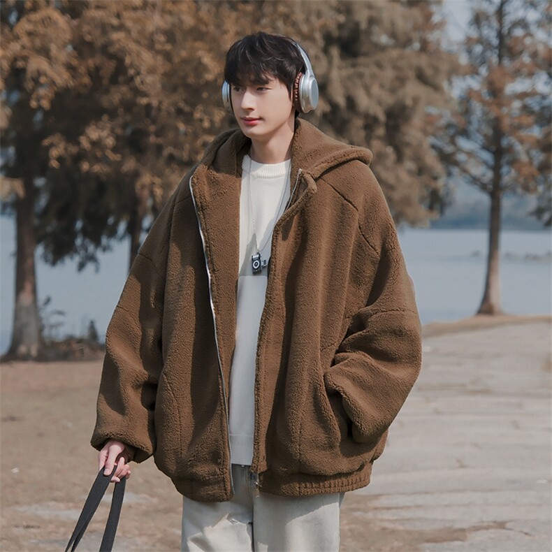 复古羊羔绒加厚外套连帽美拉德宽松保暖加厚棉衣HY676TP98图片