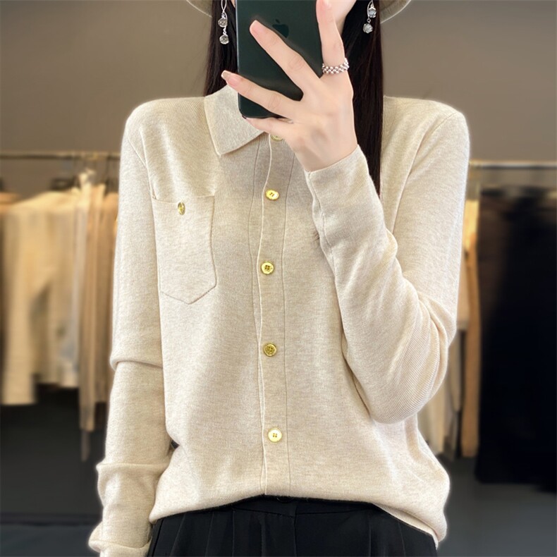 秋冬季新款衬衣领毛衣女宽松显瘦时尚百搭针织上衣,针织衫/毛衣,贵皇网供仓