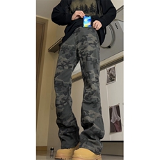拉链迷彩牛仔裤春季新款潮牌vibe裤美式直筒宽松微喇长裤GJ332P55，男装牛仔裤，电商D256-1(原A064-1)
