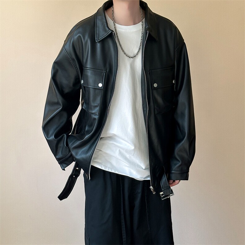 现货-潮牌工装皮夹克男时尚宽松皮衣帅气潮流机车服-AP23092-P110,男装皮衣,电商A351
