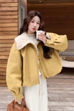 黄色大翻领羊羔毛拼接羽绒服女冬季2025新款小个子短款加厚派克服，女装羽绒服，慧尚2-185
