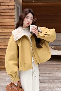黄色大翻领羊羔毛拼接羽绒服女冬季2025新款小个子短款加厚派克服图片