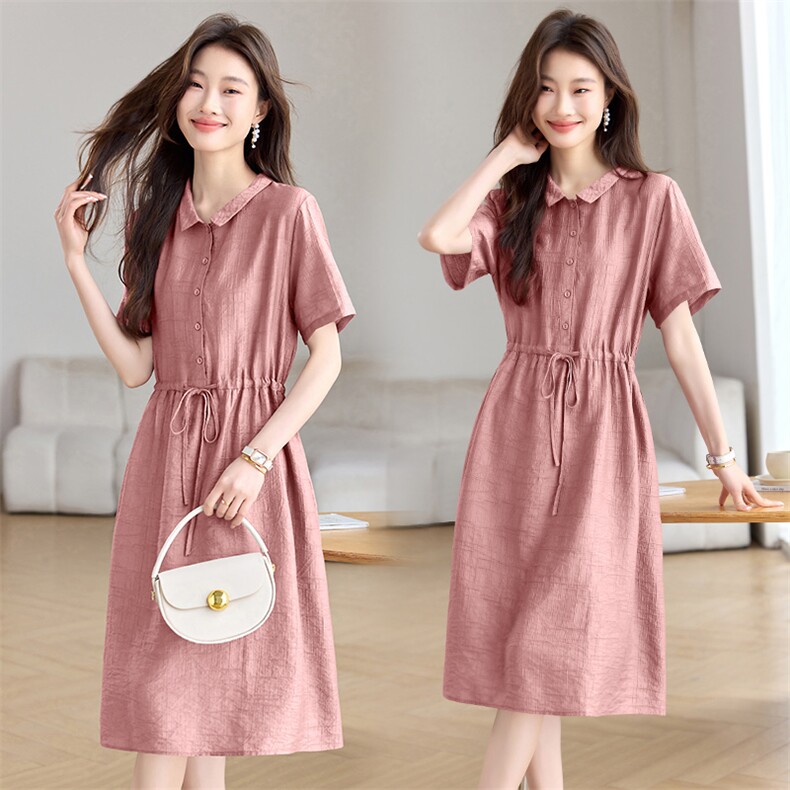 洋气紫色短袖连衣裙女2026夏季新款中年妈妈收腰系带显瘦衬衫裙子，女装连衣裙，简韵佳