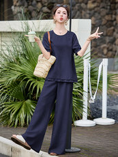 阔腿裤套装女2025夏季新款独特漂亮绝美休闲减龄小香风棉麻两件套，女装套装/套裙，韩蜜菓