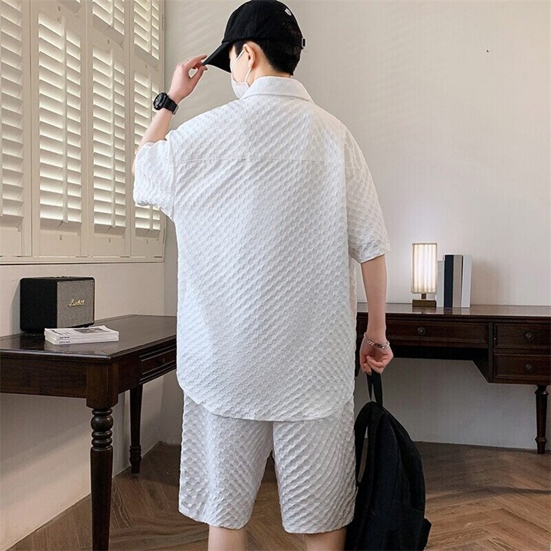 夏季冰丝套装男痞帅潮流短袖衬衫短裤一套格子薄款运动休闲两件套,男装衬衫,星座506A