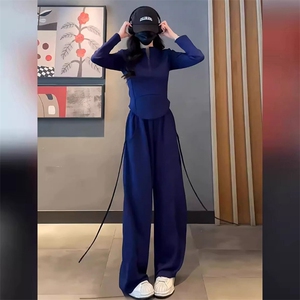 女初秋新款休闲运动套装气质减龄修身立领纯色上衣阔腿长裤两件套