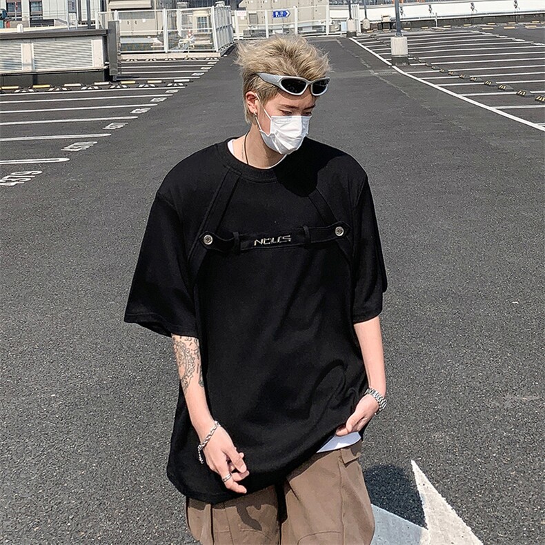 夏季高级感短袖t恤男女小众解构金属扣设计感痞帅美式上衣,男装T恤,星座410-7