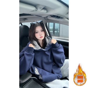 ！鱼骨纹拼接撞色卫衣冬季加绒连帽衫外套 WR2252JR-P65控108图片