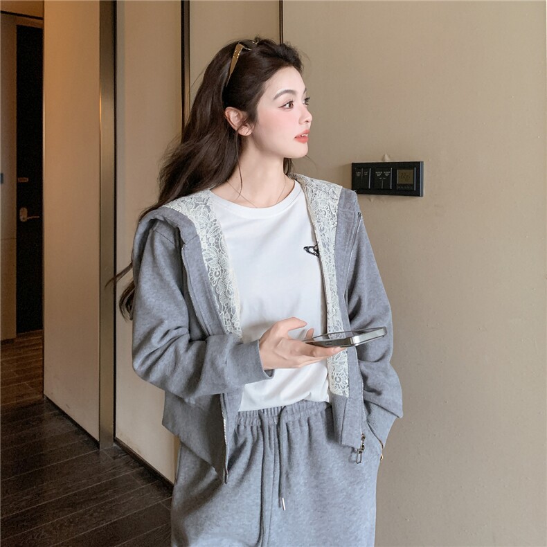 2026春季新款现货休闲针织拼接蕾丝卫衣两件套2607-p185-k298,女装套装/套裙,2B115