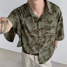 古着巴洛克衬衫男女短袖设计感花衬衣宽松外套ins潮流-C122，男装T恤，星座601-1