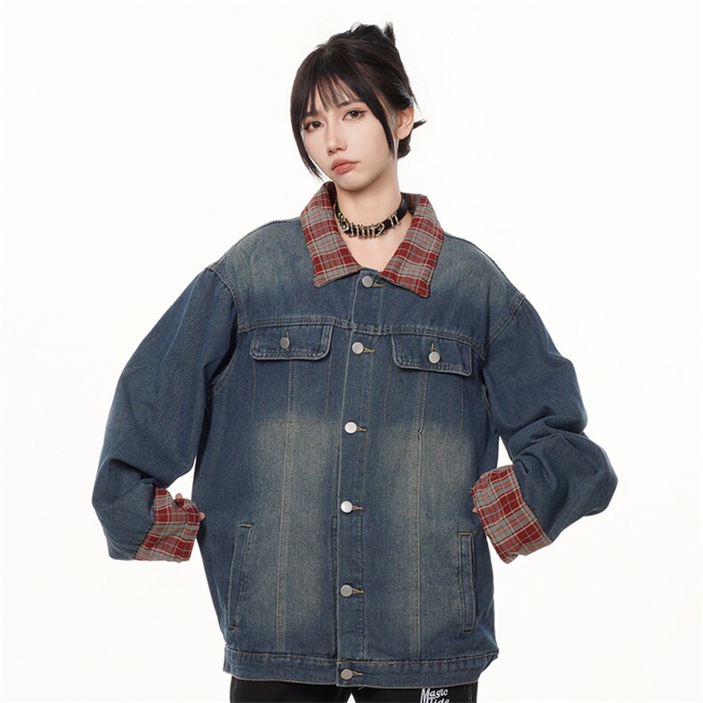 格子拼接牛仔外套男女翻领cleanfit休闲水洗夹克情侣上衣J633-p75,男装夹克,星座1008