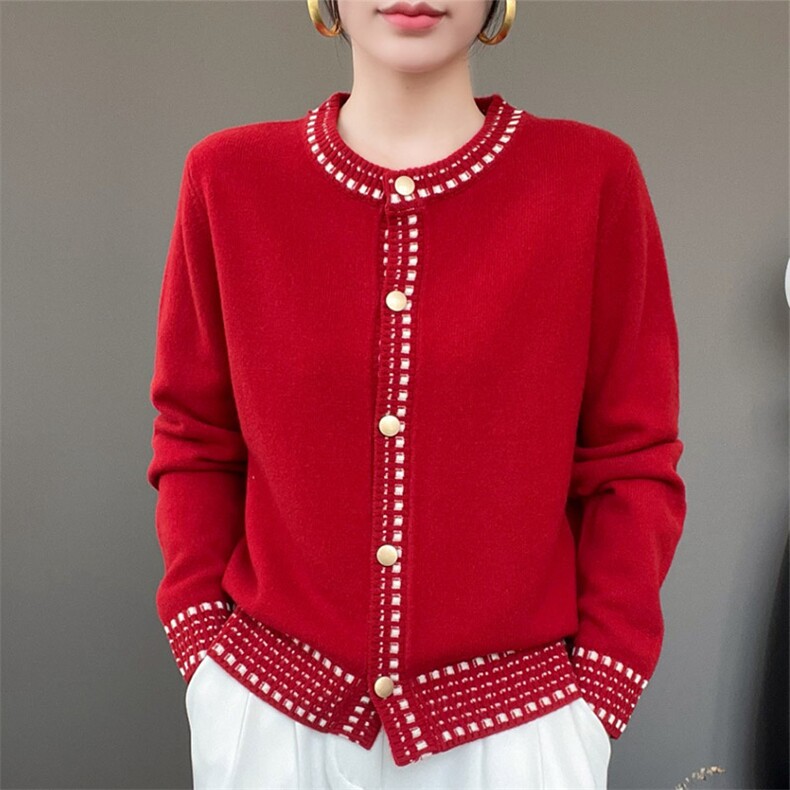 时尚百搭红色羊毛开衫优雅气质显瘦外套，女装羊毛衫，秋虹羊绒