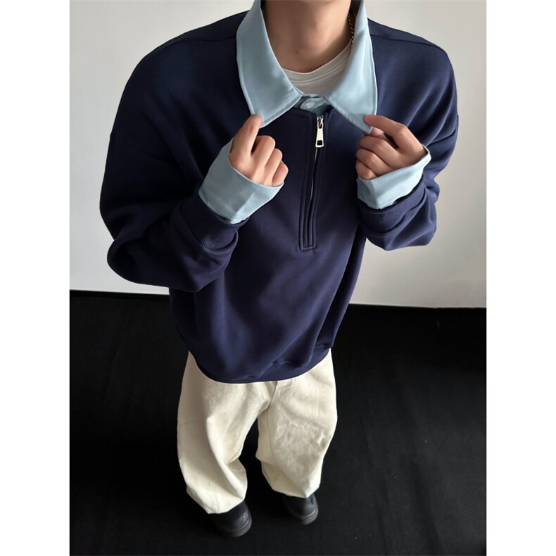 WY810-尺码M-3XL-P50-撞色衬衫领假两件cleanfit套头半拉链卫衣,男装衬衫,星座1811B