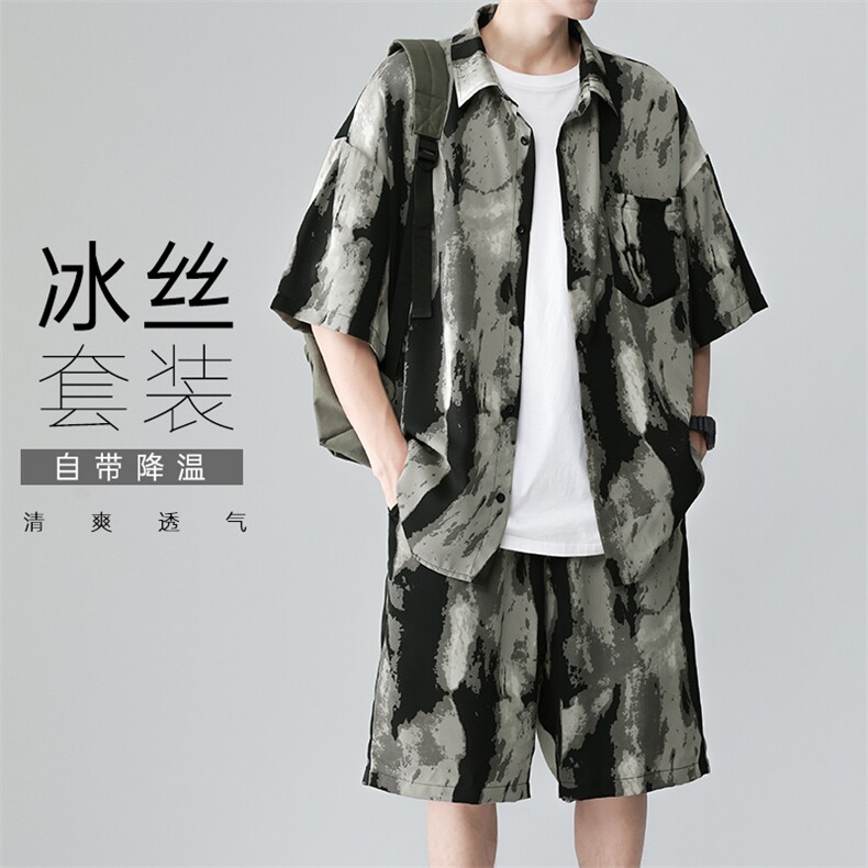 夏新凉感冰丝短袖衬衫五分短裤男休闲薄款透气两件套装TZ084-P60图片