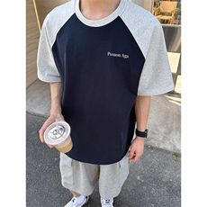 抖音得物高品质二开240克宽松纯棉美式潮牌插肩袖拼接短袖T恤，男装T恤，电商A486