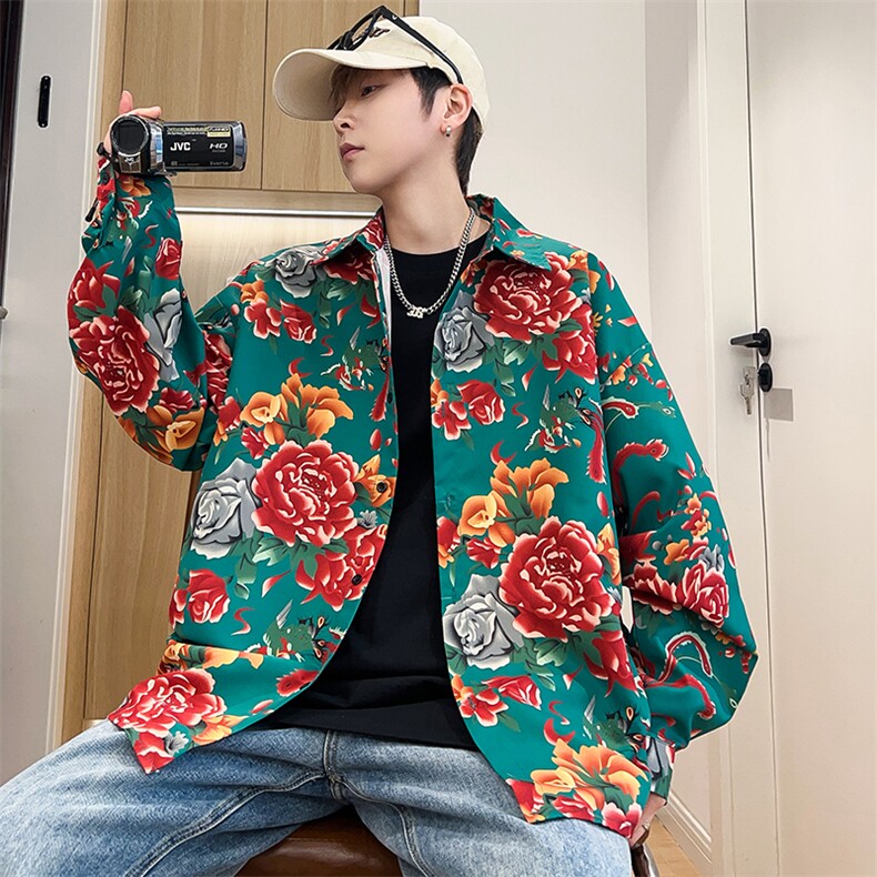 C1长袖男士宽松东北大花港风衬衣外套民族特色团队服，男装民族服装，星座115A(原星座507）