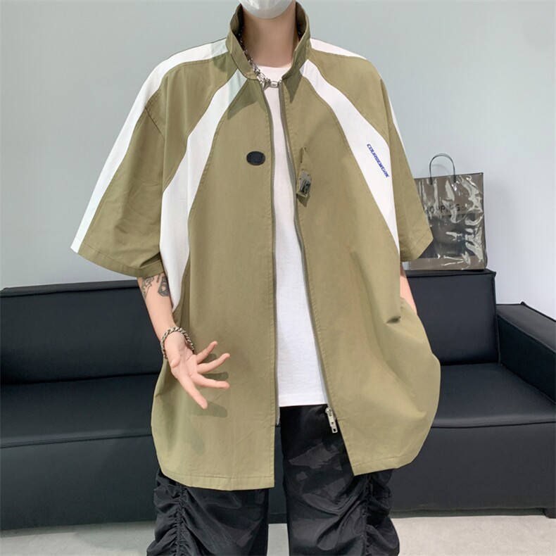 夏男短袖衬衫拼色工装拉链织带字母印花衬衣CS5008P43,男装衬衫,星座1013-1