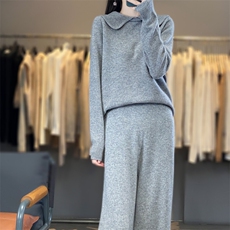 时尚显瘦大翻领针织套装女秋冬季新款气质百搭宽松两件套毛衣裤，女装套装/套裙，宛庄羊绒