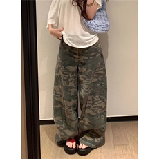 美式迷彩阔腿牛仔裤女秋新款街头辣妹宽松拖地弯刀长裤K6538-P50，男装牛仔裤，星座412-3