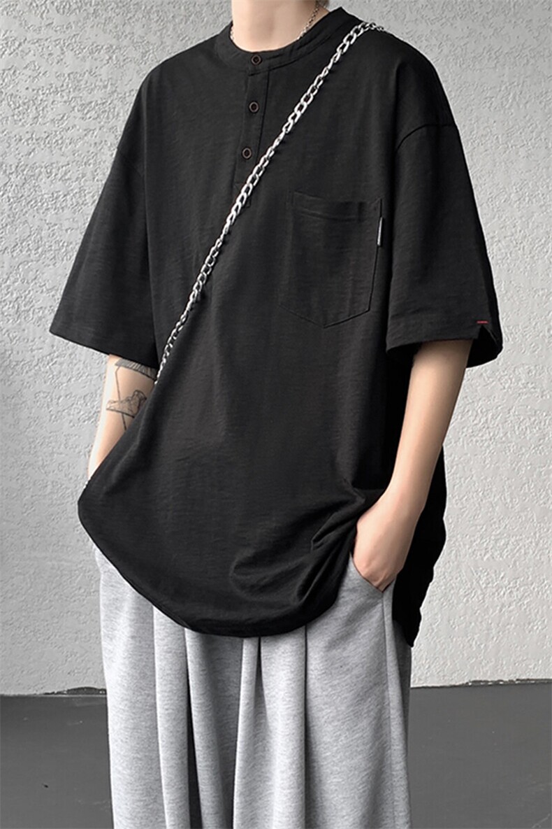 8XL-M亨利领亚麻短袖t恤男弹力大码宽松半袖开衩设计体恤DT002P45,男装T恤,电商B312