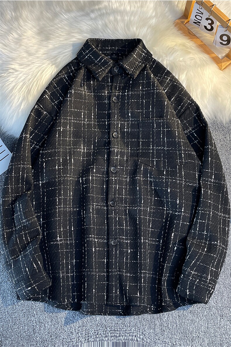 春秋加厚格子男士潮流宽松潮牌秋季呢料休闲衬衣外套DX129P60,男装衬衫,电商B413-1