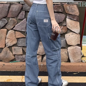 D7671-特P58美式条纹工装牛仔裤街头多口袋宽松阔腿裤-网图现货,学生出游衣服搭配牛仔外套图片
