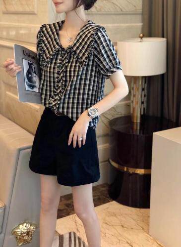 夏季娃娃领黑白格衬衫，女装衬衫，斐媞梦 FTM