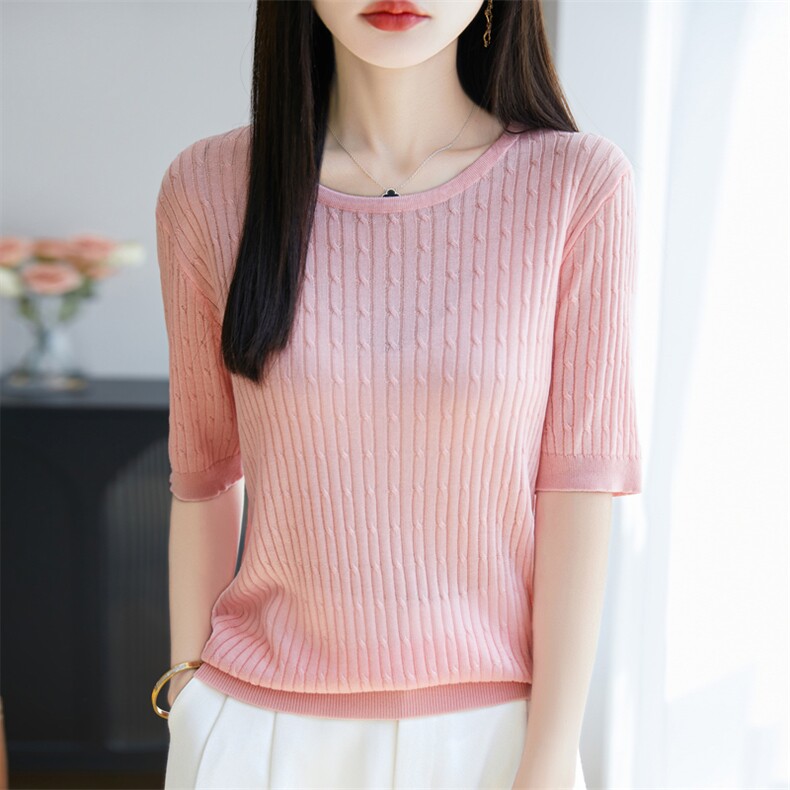 2025夏季新款圆领纯色羊毛针织衫女短袖百搭气质女上衣DMR-573,女装T恤,大美人包芯纱店