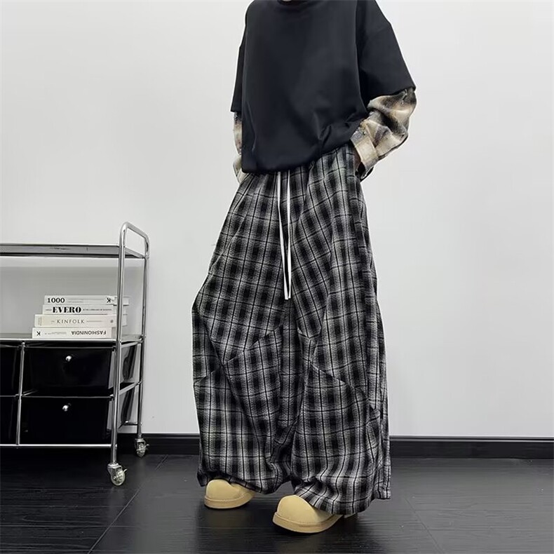 慵懒风格子休闲裤男女2025高腰宽松直筒裤小个子蕾丝抽绳阔腿裤,男装休闲裤,星座601-1