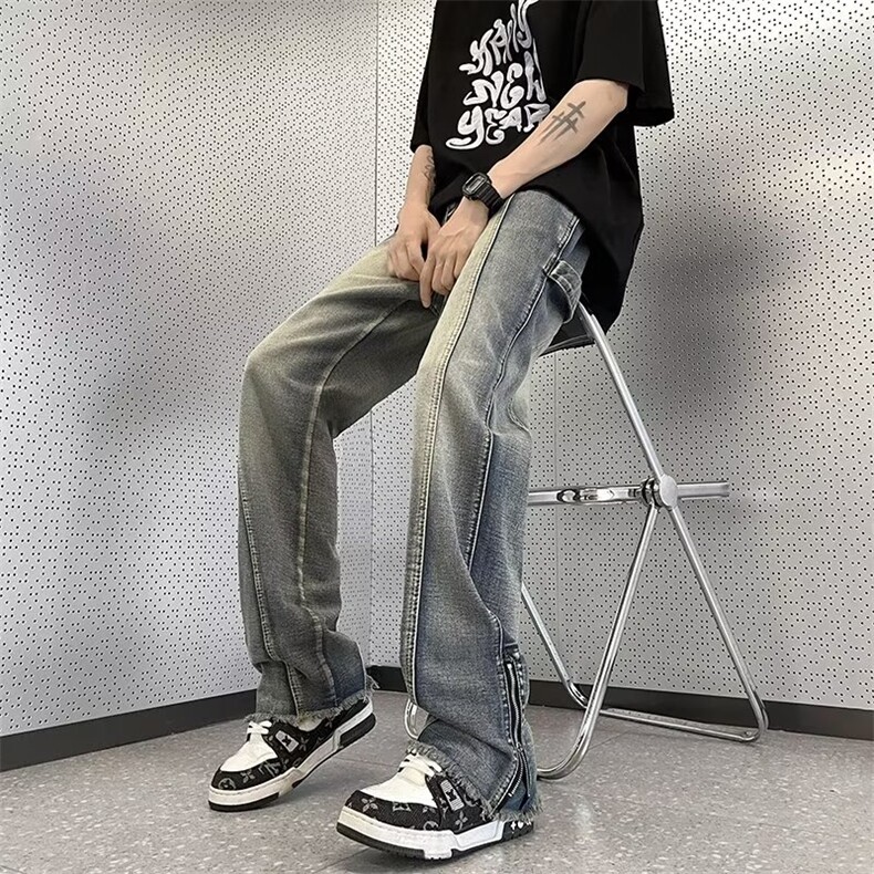 春款牛仔裤男欧美高街vibe裤子宽松直筒拉链开叉毛边微喇裤,男装牛仔裤,星座410-7
