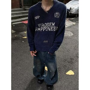 美式复古仿貂毛印花v领毛衣春秋潮流宽松针织衫外套男女图片