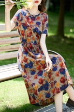 复古棉麻连衣裙女夏季2025新款收腰显瘦中年妈妈洋气减龄碎花长裙，女装连衣裙，倪叶myz