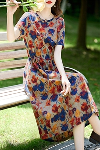 复古棉麻连衣裙女夏季2025新款收腰显瘦中年妈妈洋气减龄碎花长裙图片