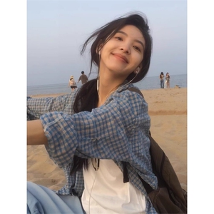 TC767-P45章若楠同款 蓝色格子衬衫上衣女夏季薄款慵懒风休闲宽松,女装衬衫,星座617A-2