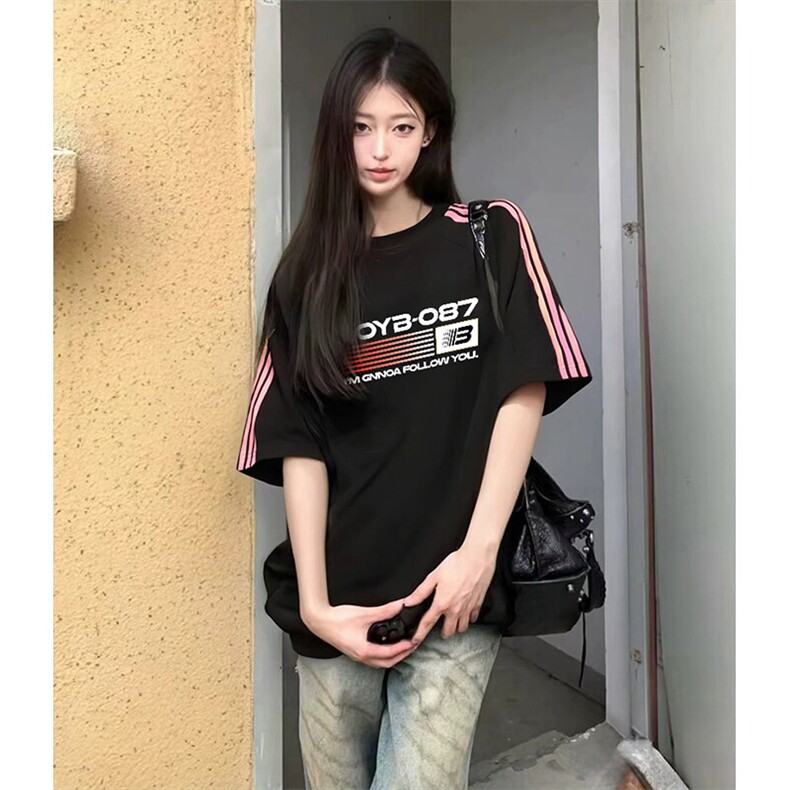 抖音得物品质二开240克宽松纯棉美式潮牌印花三条杠中性风短袖T恤,男装T恤,电商A486