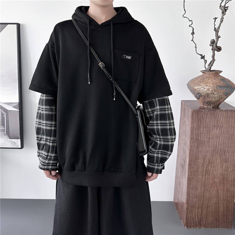 现货连帽卫衣男潮牌ins假两件拼接格子慵懒风Y8212-P68,男装卫衣,星座1017