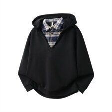 潮流美式复古假两件连帽卫衣男女春秋季新款韩系学院风衬衫领外套，男装衬衫，星座715-4